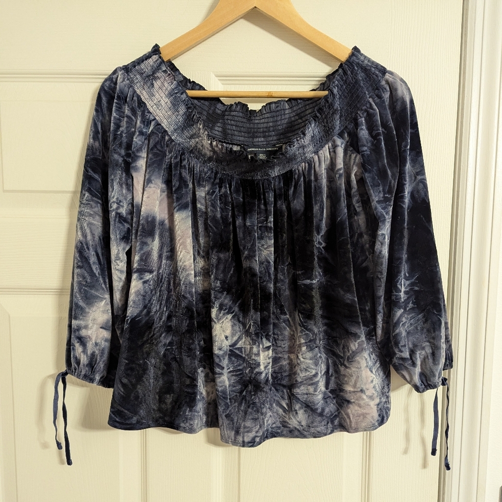 American eagle outfitters velour blouse blue Tie dye off the shoulder Medium